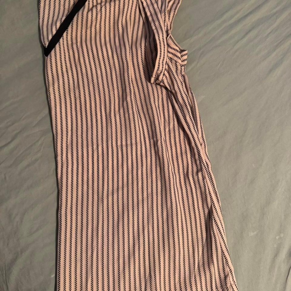 Worthington Womens V-Neck Short Sleeve Geometric Stripe Blouse Pink Black Large - Picture 4 of 6